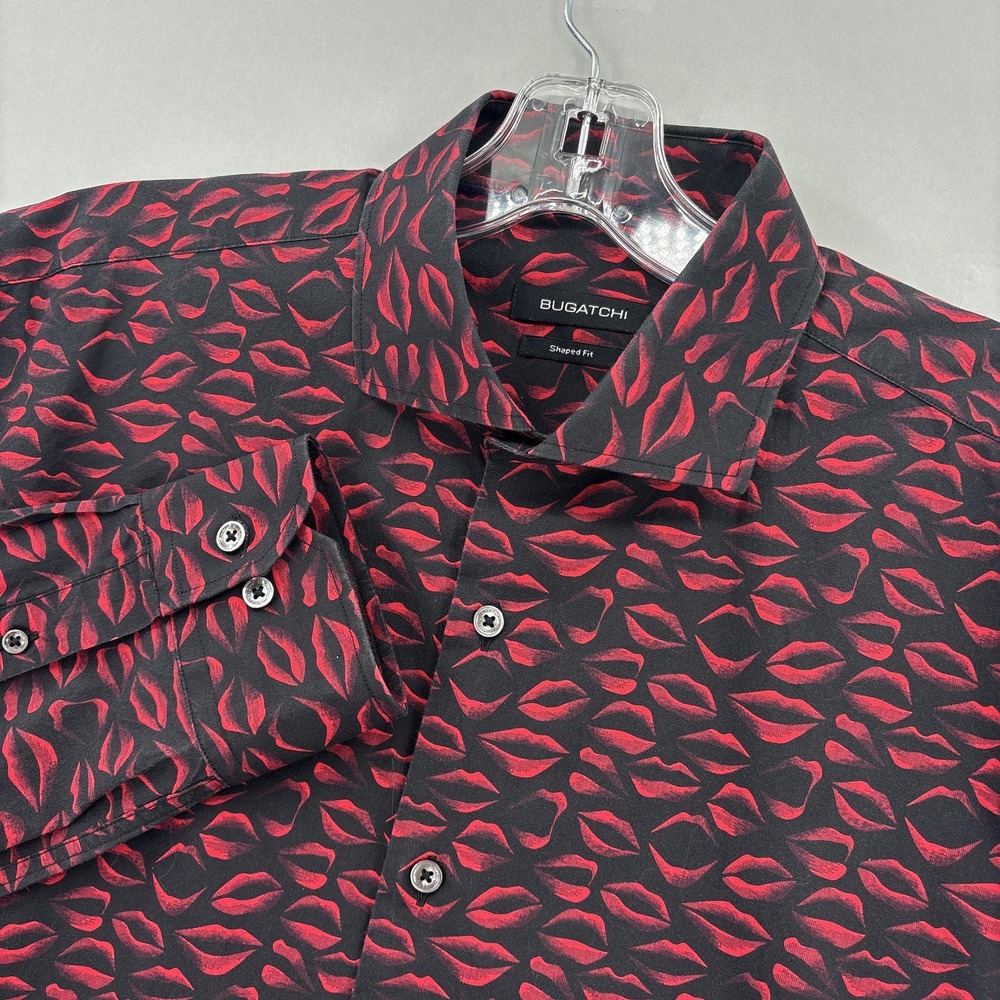 Bugatchi Shirt Mens L Black Red Lips Print Shaped Fit Button Up Long Sleeve Kiss